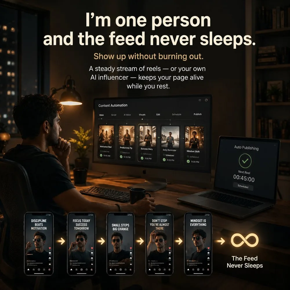 I'm one person and the feed never sleeps — a steady stream of AI reels keeps your page alive