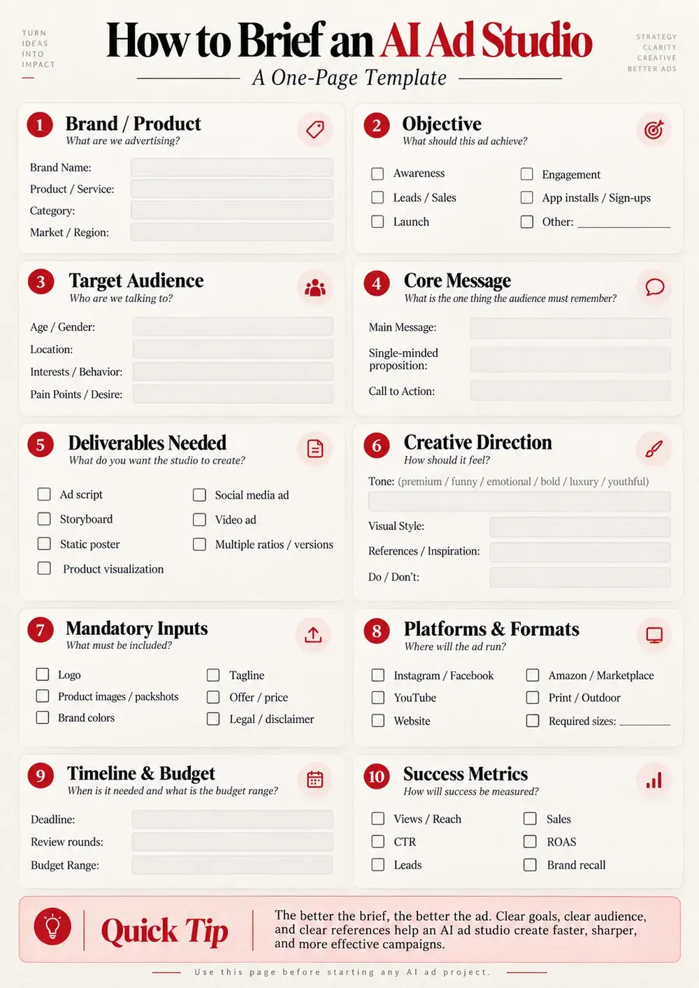 Infographic titled How to brief an AI ad studio: a one-page template, with ten numbered sections from brand and objective to timeline, budget and success metrics